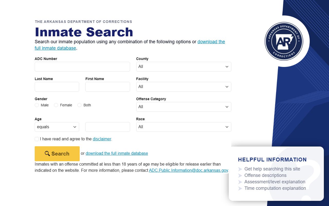 Arkansas People Search via Department of Correction inmate locator
