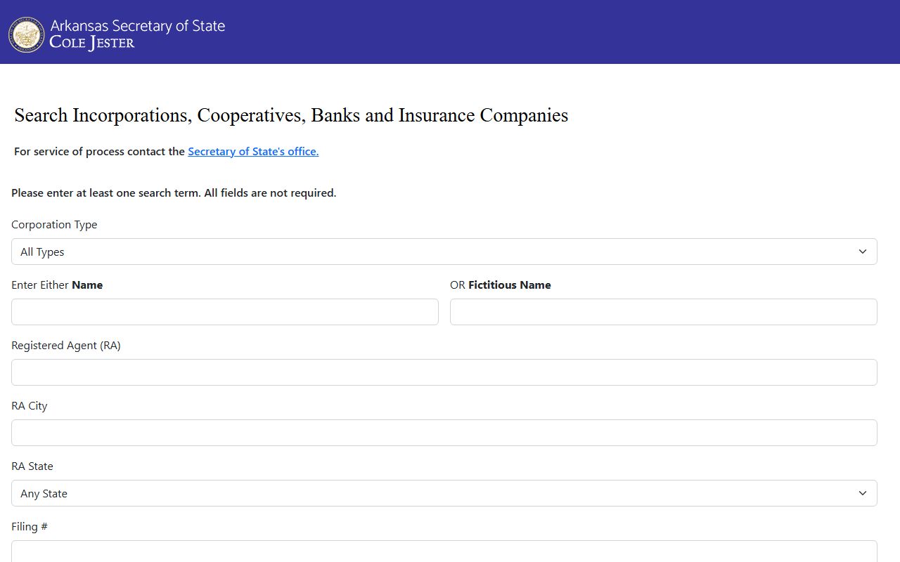Arkansas People Search through Secretary of State business entity database